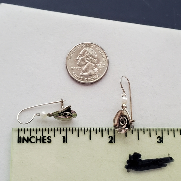 PZ ISRAEL Sterling Rose Earrings with White Cultured Pearl 1.25”L - Picture 13 of 15